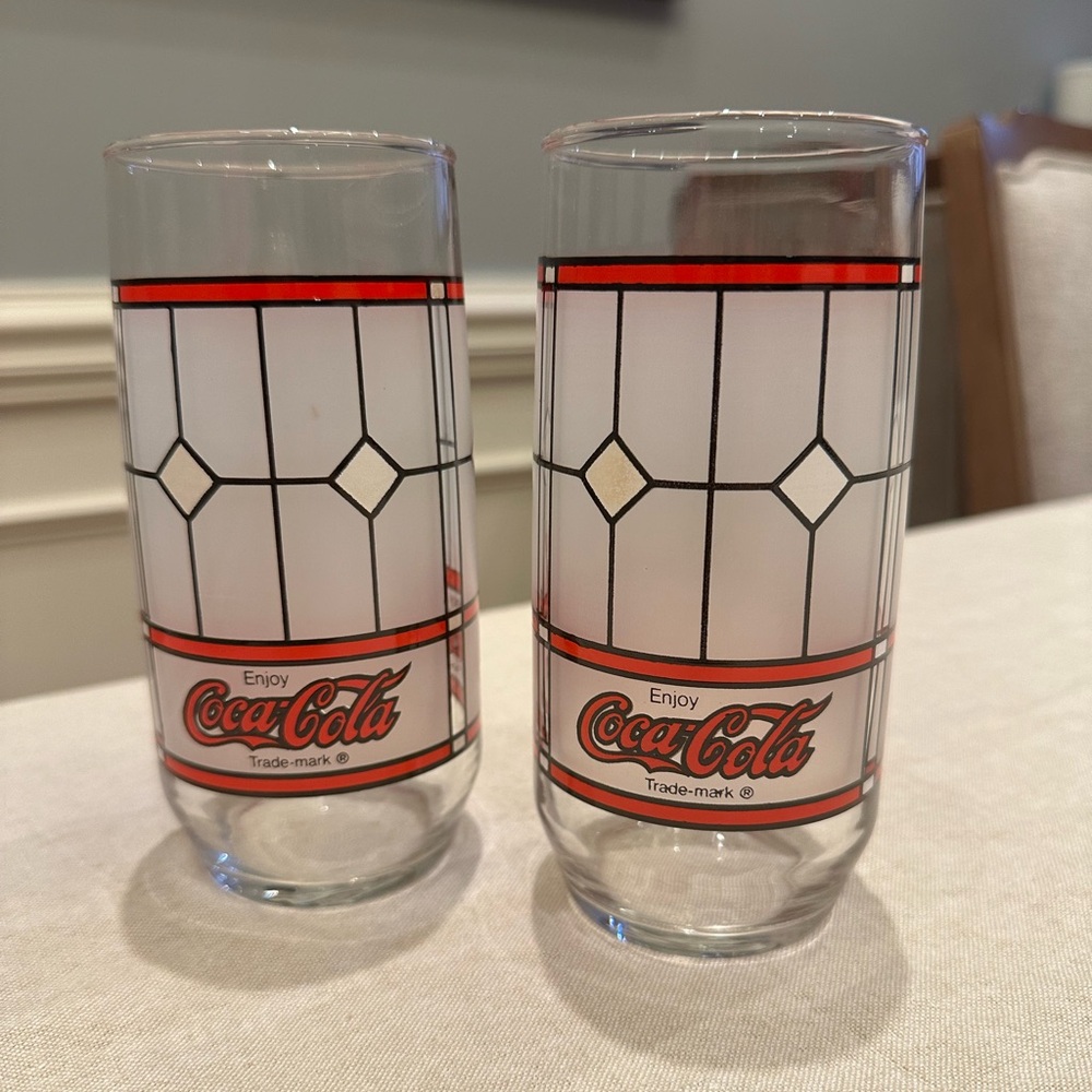 Rare 1985 Vintage Coca Cola Frosted Tiffany Style Stained Glass Libbey Tumbler